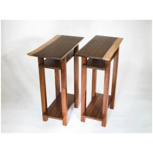 Narrow End Tables for Living Room: Modern Decor Small Tables – Premium Walnut with Live Edge Table Top – Set of 2 –