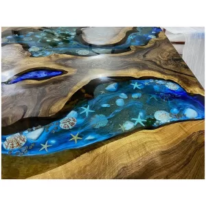Epoxy Table Walnut Wood Ocean Blue Aquarium – Live Edge Table – Seashell Design Table – Coffee Table – Coastal View – Dining Table