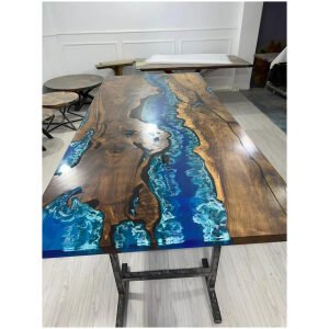 Walnut Dining Table, Live Edge Table, Custom 115” x 50” Walnut Ocean Blue, Turquoise White Waves Epoxy, River Dining Table Order for Kishan3